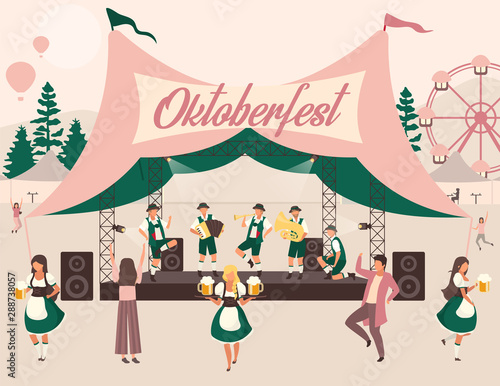 Oktoberfest flat vector illustration. Beer Festival, october fest concert. Folk performance in tent. Music and dances. People in national costumes carry beer. Volksfest cartoon characters