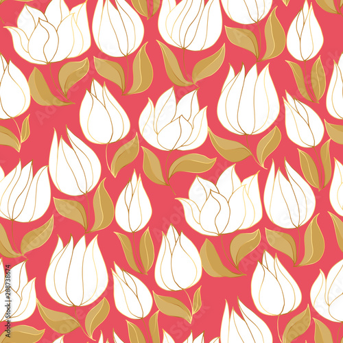 Coral tulip with luxury gold lines seamless pattern