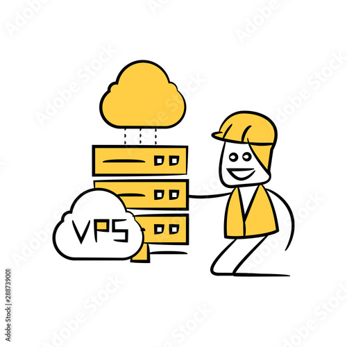engineer and router cloud computing yellow stick figure theme