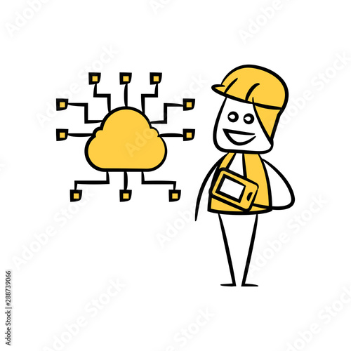 engineer holding smart phone and cloud network yellow stick figure theme