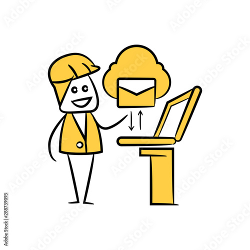 engineer working on laptop and sending email yellow stick figure theme