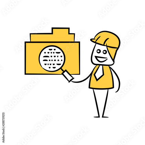 engineer use magnifier analysis folder yellow stick figure theme
