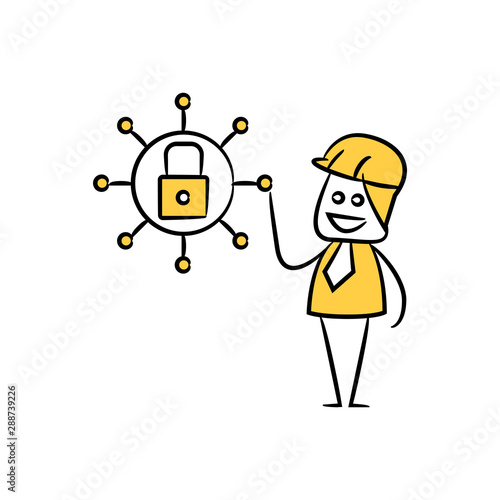 engineer and key for network security concept yellow stick figure theme