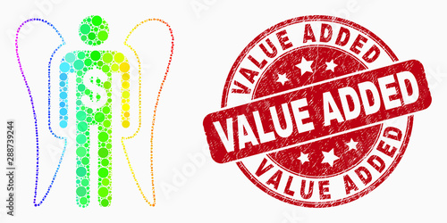 Pixel rainbow gradiented angel investor mosaic icon and Value Added stamp. Red vector round textured stamp with Value Added message. Vector composition in flat style.