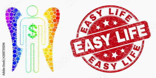 Pixel rainbow gradiented angel investor mosaic pictogram and Easy Life seal stamp. Red vector rounded textured seal stamp with Easy Life caption. Vector combination in flat style.