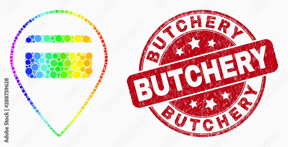 Pixelated spectral bank card pointer mosaic pictogram and Butchery seal. Red vector round distress seal stamp with Butchery title. Vector combination in flat style. Pixelated spectral bank card pointer mosaic pictogram and Butchery seal. Red vector round distress seal stamp with Butchery title. Vector combination in flat style.