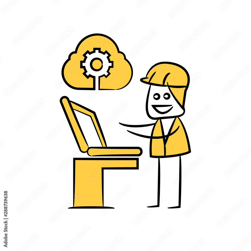 engineer working on laptop and cloud computing yellow stick figure theme
