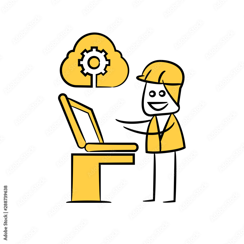 engineer working on laptop and cloud computing yellow stick figure theme engineer working on laptop and cloud computing yellow stick figure theme