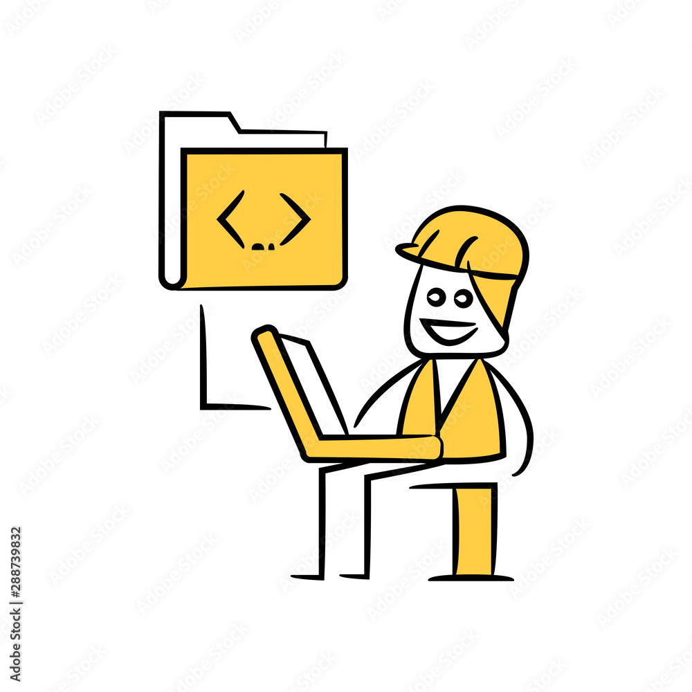 engineer working on laptop and coding file yellow stick figure theme engineer working on laptop and coding file yellow stick figure theme