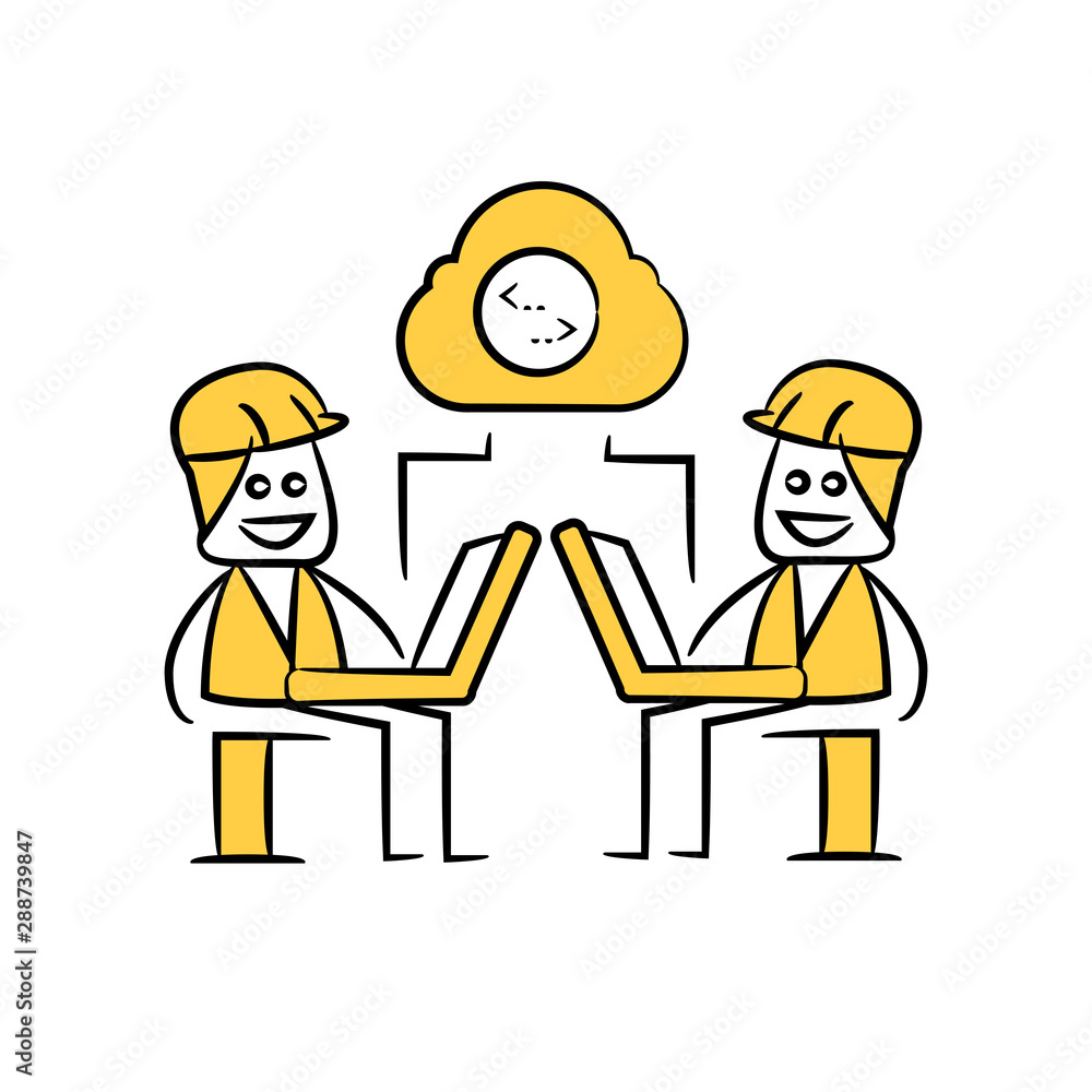 engineer working on laptop and coding on cloud yellow stick figure theme engineer working on laptop and coding on cloud yellow stick figure theme