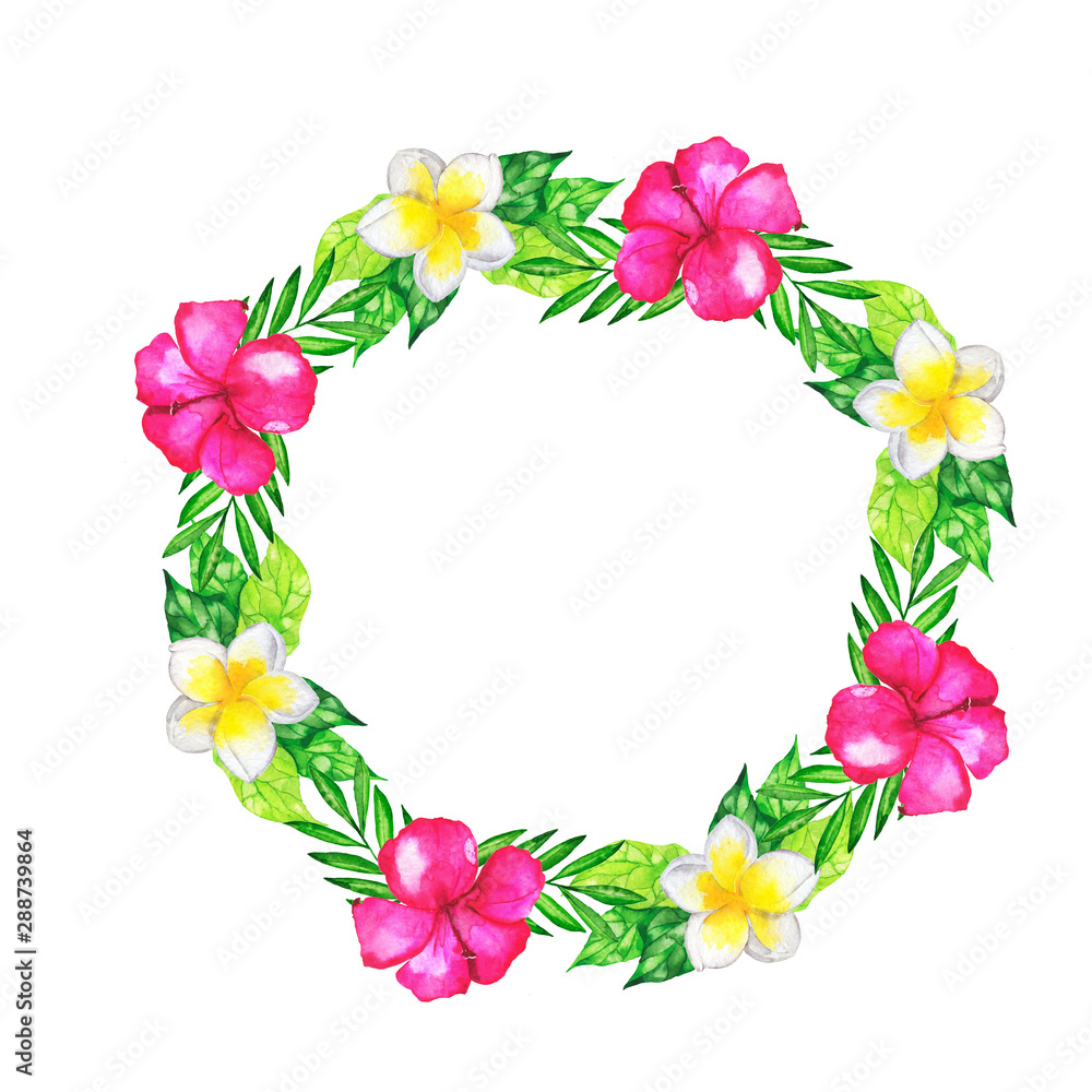 Summer tropical frame with flowers and leaves isolated on white background. Hand drawn watercolor illustration.
