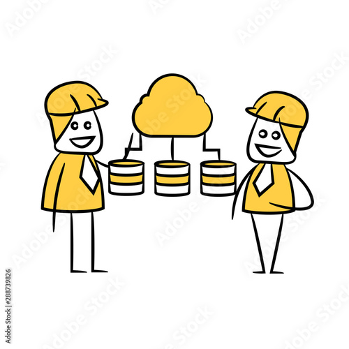 engineers and cloud database yellow stick figure theme