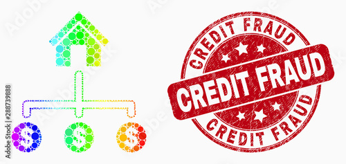 Dot spectrum bank dollar links mosaic icon and Credit Fraud seal stamp. Red vector round textured seal stamp with Credit Fraud title. Vector composition in flat style.