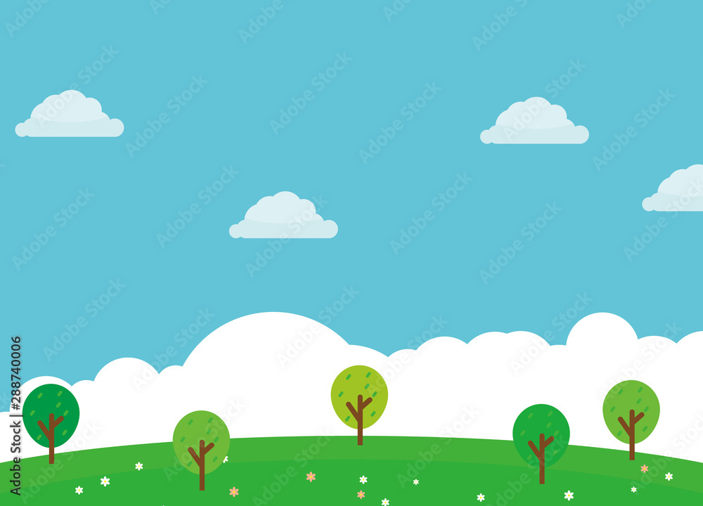 Nature landscape cartoon illustration green grass, flower, trees and blue sky suitable for kids background Nature landscape cartoon illustration green grass, flower, trees and blue sky suitable for kids background