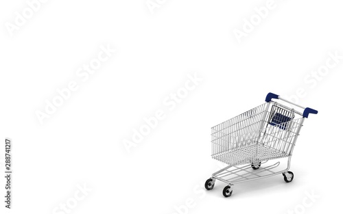 Shoping cart 3d render. Blue background. Modern store. Blue shoping cart. Online shoping. Sale. Buying and selling concept.