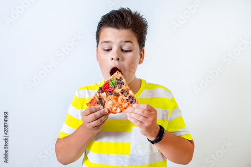 Little boy eating pizza. Happy child dines