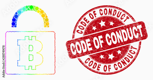 Dot spectral bitcoin lock mosaic pictogram and Code of Conduct seal stamp. Red vector rounded textured seal with Code of Conduct text. Vector combination in flat style.
