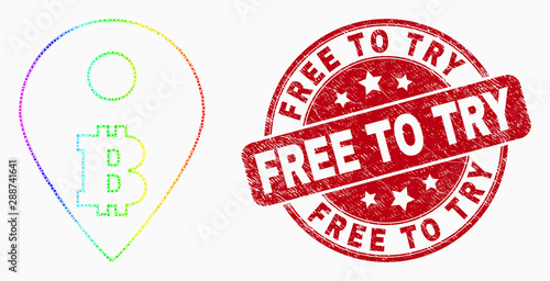 Pixelated rainbow gradiented bitcoin map marker mosaic pictogram and Free to Try seal stamp. Red vector rounded grunge seal stamp with Free to Try title. Vector composition in flat style.