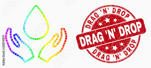 Pixel spectral blood care hands mosaic pictogram and Drag 'N' Drop seal stamp. Red vector rounded scratched seal with Drag 'N' Drop caption. Vector combination in flat style.