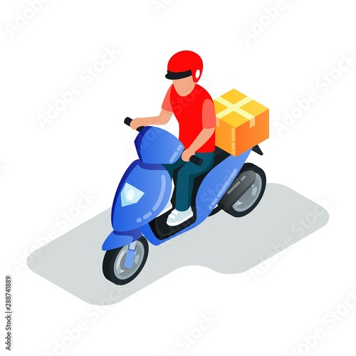 Motor scooter driver in helmet transporting parcels, courier delivering goods in cardboard box to client. Online shopping, ordering, e-commerce, e-shop concept. Isometric vector illustration on white.