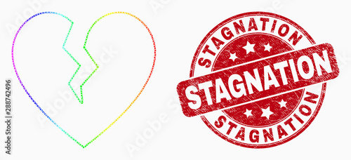 Dotted rainbow gradiented broken heart mosaic icon and Stagnation seal stamp. Red vector rounded distress seal stamp with Stagnation title. Vector combination in flat style.