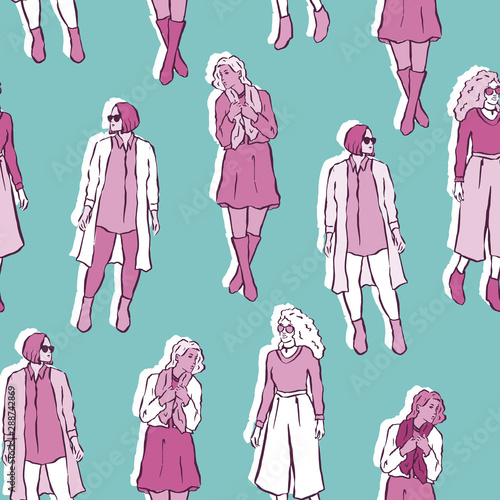 Vector seamless pattern of fashion girls. Trendy illustration of girlfriends in hand drawn style. Fashion models of different ethnicity.