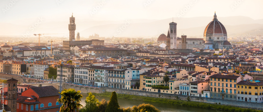 Great spring cityscape of Florence with Cathedral of Santa Maria del Fiore (Duomo). Bright morning scene of Tuscany, Italy, Europe. Traveling concept background. Instagram filter toned.