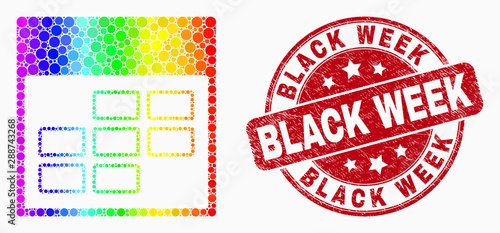 Dotted rainbow gradiented calendar week items mosaic icon and Black Week seal stamp. Red vector rounded textured stamp with Black Week caption. Vector combination in flat style.