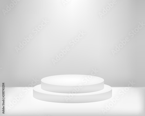 White-gray interior with the scene. Vector gradient background premises, studio room, assembly hall with a podium in the middle. White gray gradient display products background.