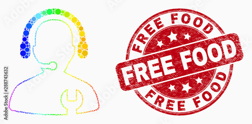 Dotted rainbow gradiented call center serviceman mosaic icon and Free Food seal stamp. Red vector rounded textured stamp with Free Food message. Vector composition in flat style.