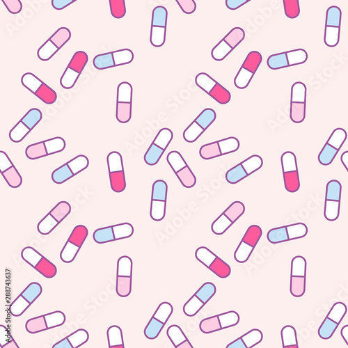 Pills of blue and pink colors on pastel background, seamless vector pattern.