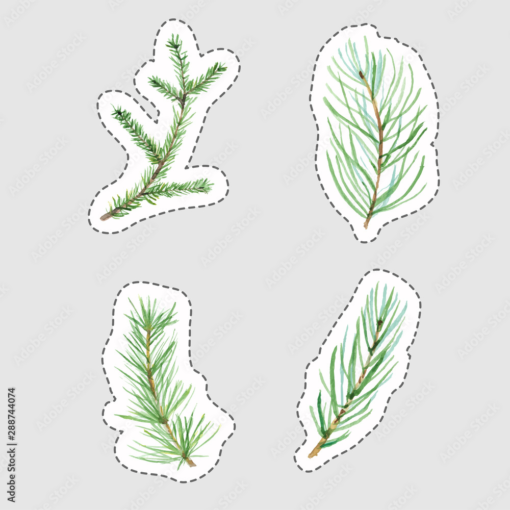 Set of Christmas watercolor stickers of fir and pine branches, isolated vector design elements. Set of Christmas watercolor stickers of fir and pine branches, isolated vector design elements.