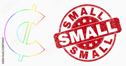 Pixel spectral cent mosaic pictogram and Small seal stamp. Red vector round textured seal stamp with Small caption. Vector combination in flat style. Spectral gradiented cent mosaic of random dots,