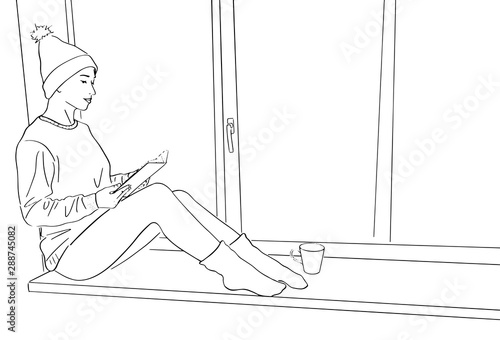 Young woman sits on windowsill with cup of coffee and read book. Lagom and hugge concept. Cozy scandinavian lifestyle scene. Female silhouette in sweater and hat. Black lines drawing. 