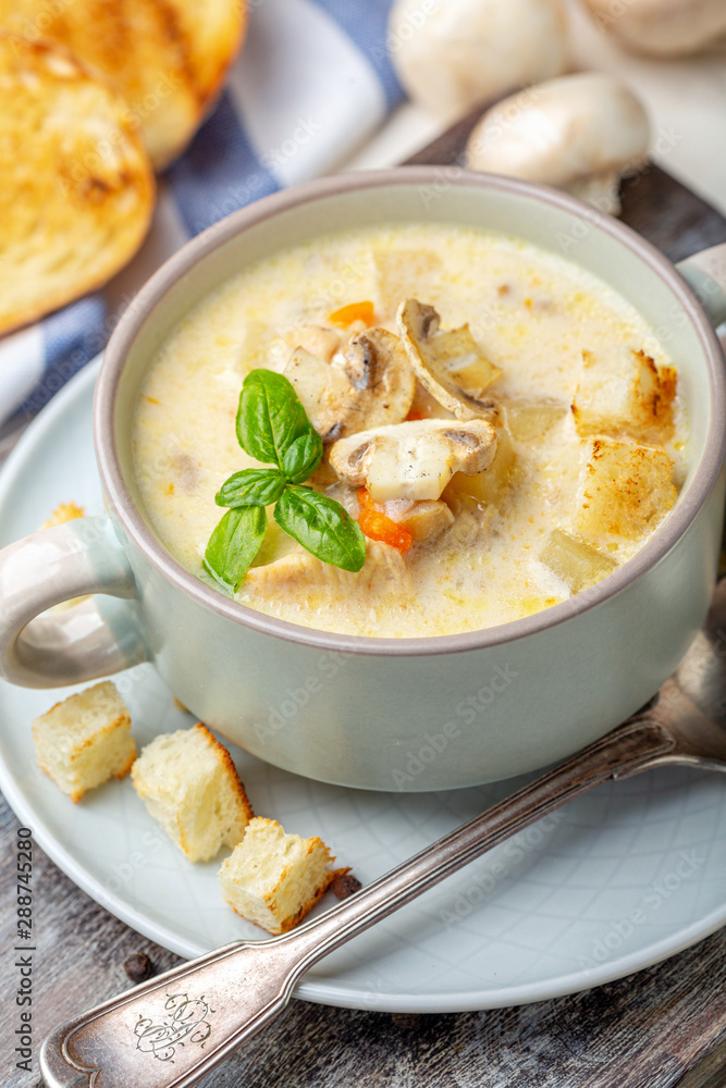 Chicken cream soup with cheese and mushrooms. Chicken cream soup with cheese and mushrooms.