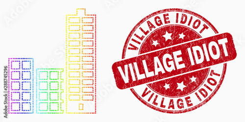 Pixel rainbow gradiented city buildings mosaic pictogram and Village Idiot seal stamp. Red vector round grunge seal with Village Idiot phrase. Vector composition in flat style.