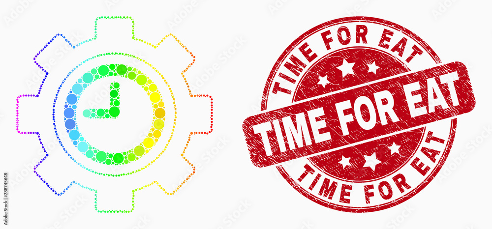 Obraz premium Dot rainbow gradiented clock settings gear mosaic pictogram and Time for Eat seal. Red vector round scratched seal with Time for Eat title. Vector combination in flat style.