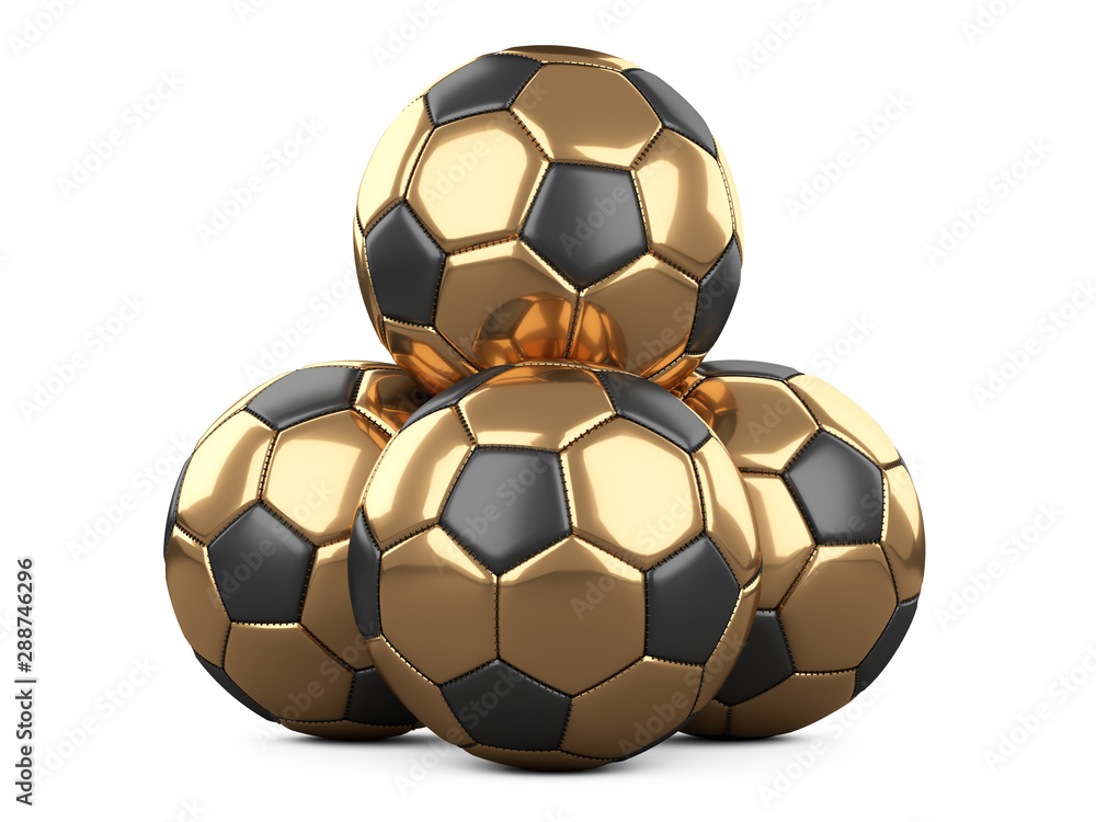 Pile of golden soccer balls, one ball on top - leadership concept.