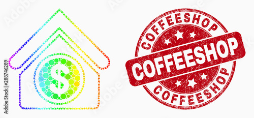 Dot bright spectral commercial building mosaic pictogram and Coffeeshop seal stamp. Red vector rounded textured seal with Coffeeshop title. Vector composition in flat style.