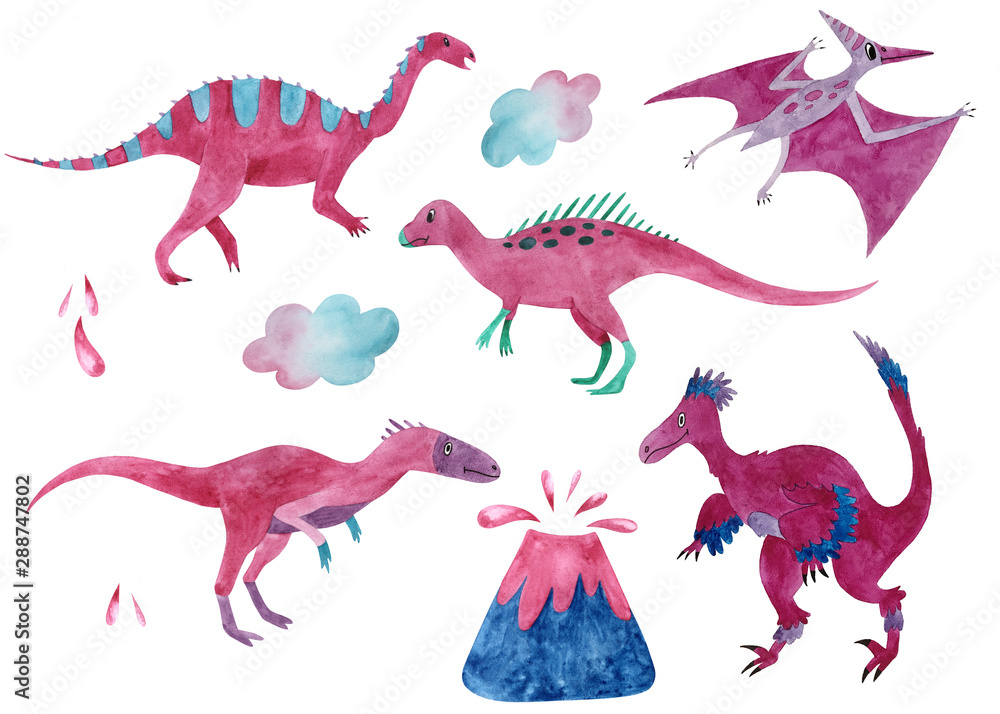 A large set of several dinosaurs, volcano and cloud, drawn in one style, pink color, for the decoration of textiles, children's books. On a white background, isolated. Cute fossil animals. A large set of several dinosaurs, volcano and cloud, drawn in one style, pink color, for the decoration of textiles, children's books. On a white background, isolated. Cute fossil animals.