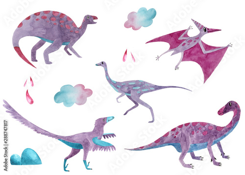 A large set of several dinosaurs  stone and cloud  drawn in one style  violet color  for the decoration of textiles  children s books. On a white background  isolated. Cute fossil animals.