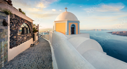 Fototapeta Naklejka Na Ścianę i Meble -  Beautiful morning panorama of Santorini island. Attractive spring scene of famous Greek resort Thira, Greece, Europe. Traveling concept background. Artistic style post processed photo.