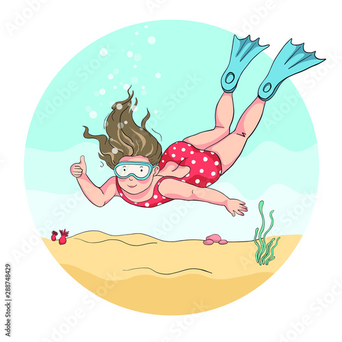 a little cute robust girl wearing goggles and blue swim fins dives into the sea with yellow sand and some weeds beneath her