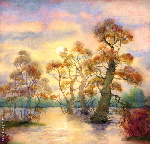 Watercolor landscape. Spring flooding river © Marina