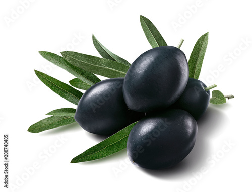 Black olives and leaves isolated on white background
