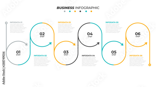 Business circle process lines design with arrows. Timeline with 6 steps or options. Vector linear infographic element.
