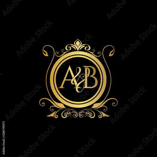 A & B AB logo initial Luxury ornament emblem. Initial luxury art vector mark logo, gold color on black background.
