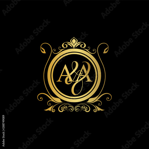 A & A AA logo initial Luxury ornament emblem. Initial luxury art vector mark logo, gold color on black background.