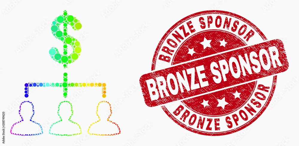 Dot bright spectral dollar clients structure mosaic icon and Bronze Sponsor watermark. Red vector round distress seal with Bronze Sponsor message. Vector collage in flat style. Dot bright spectral dollar clients structure mosaic icon and Bronze Sponsor watermark. Red vector round distress seal with Bronze Sponsor message. Vector collage in flat style.