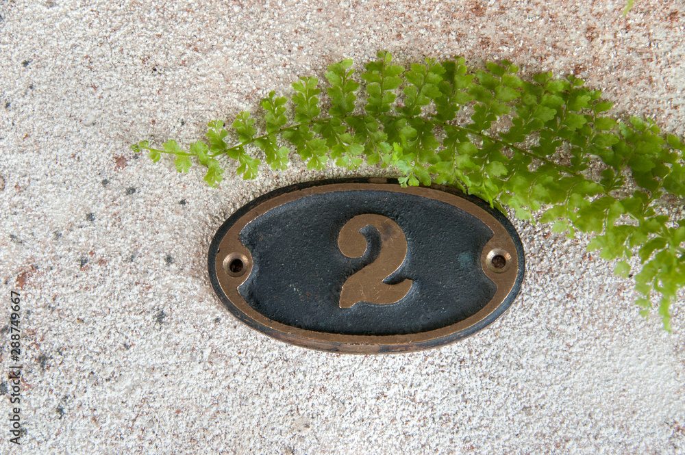 Brass door number 2 on concrete background